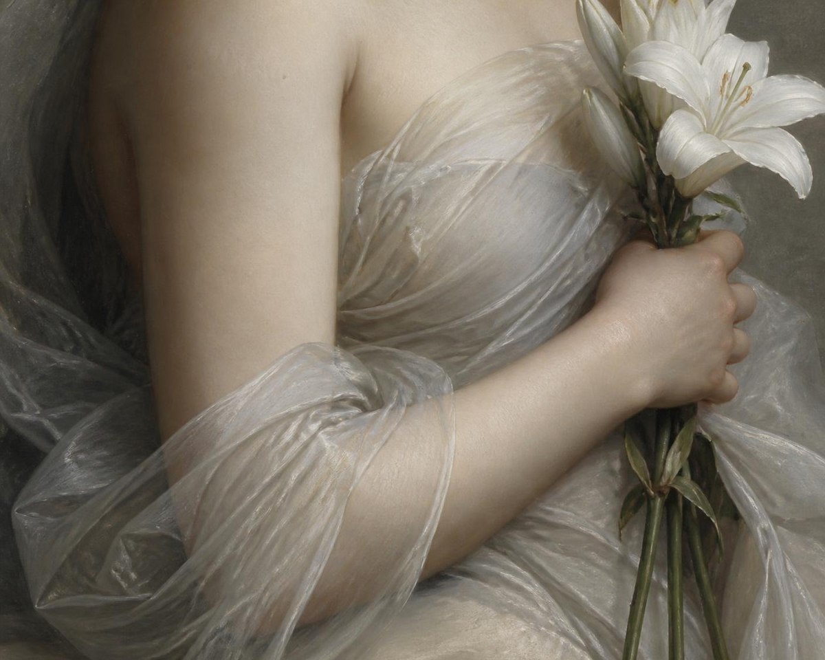 Pintura de uma mulher de tule segurando lírios brancos