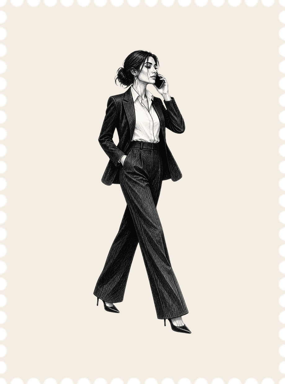 Ilustração a lápis de uma mulher de terno, dentro de um selo postal