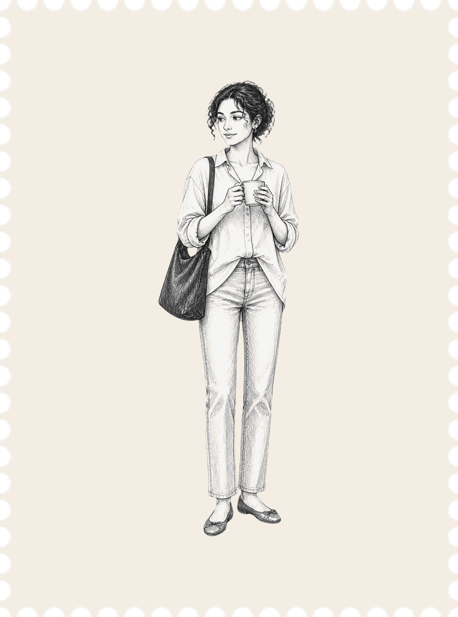 Ilustração a lápis de uma mulher de camisa e calça larga, dentro de um selo postal