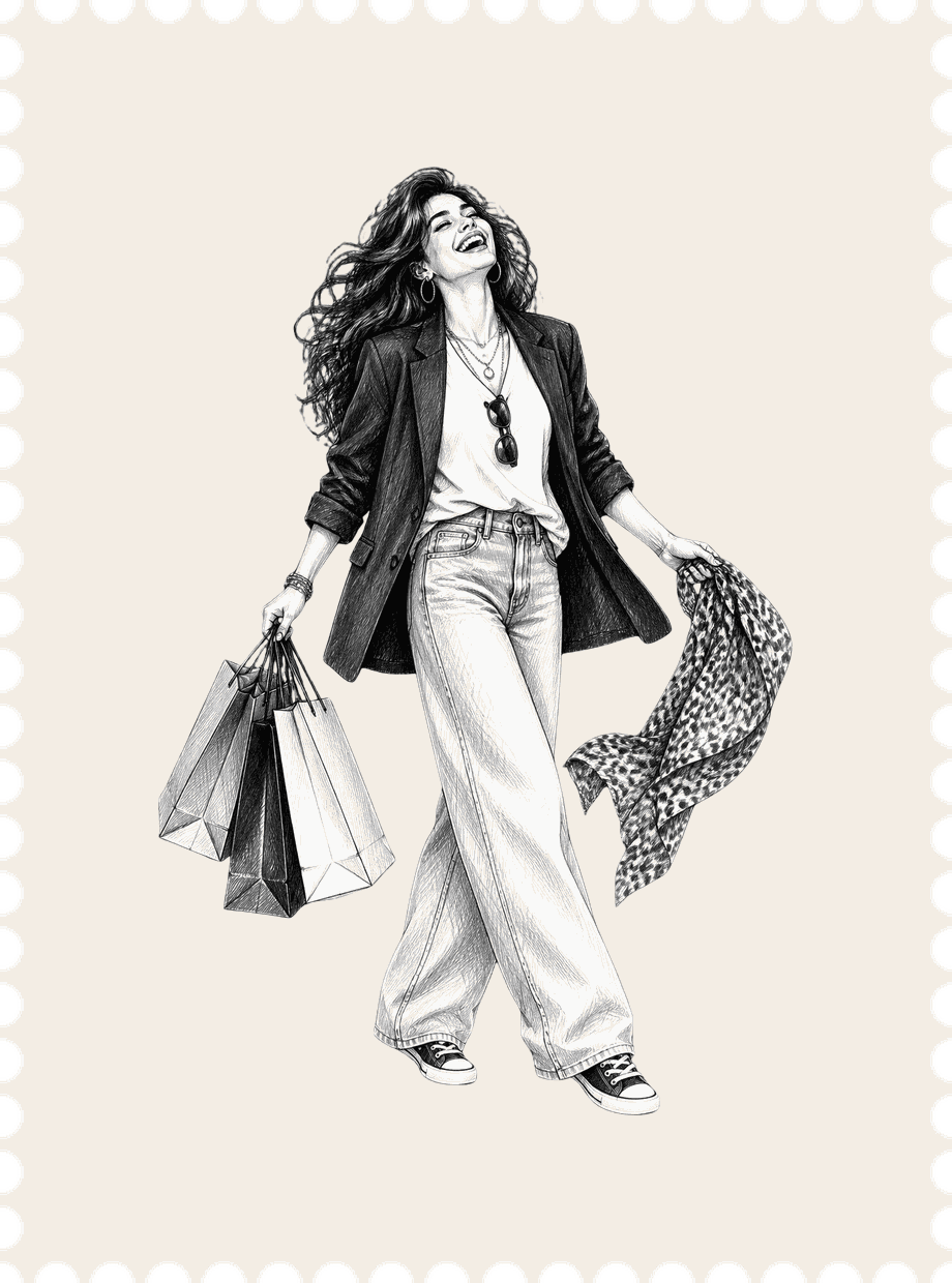 Ilustração a lápis de uma mulher em movimento, dentro de um selo postal